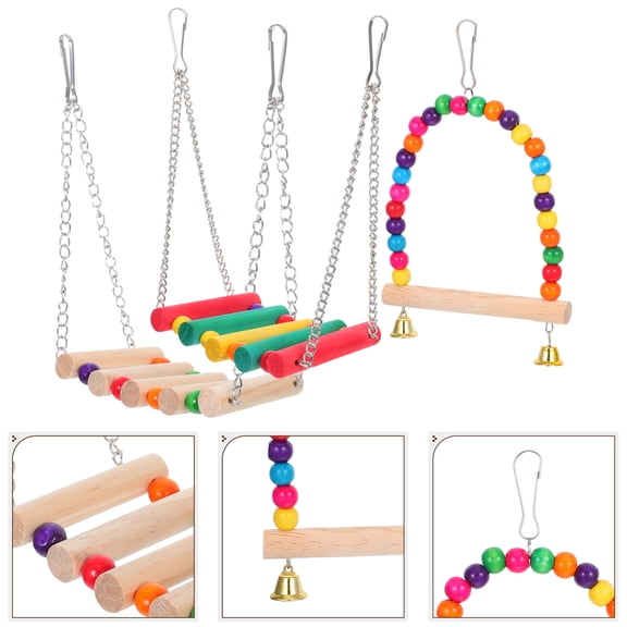 Raindrops 3pcs Interactive Parakeet Perch Toy Parrot Swing Toys Multi Colored Wood For Cockatiels