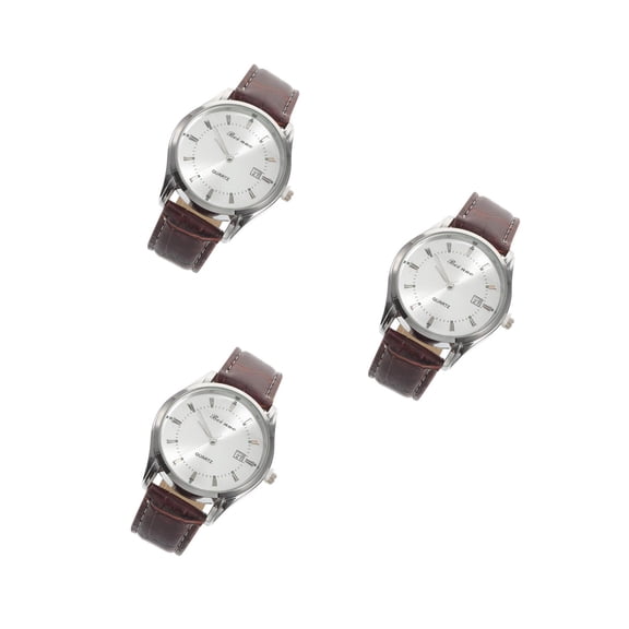 Raindrops 3pcs Men Watch Quartz Wrist Watch with PU Band for Present (White+Silver+Brown)