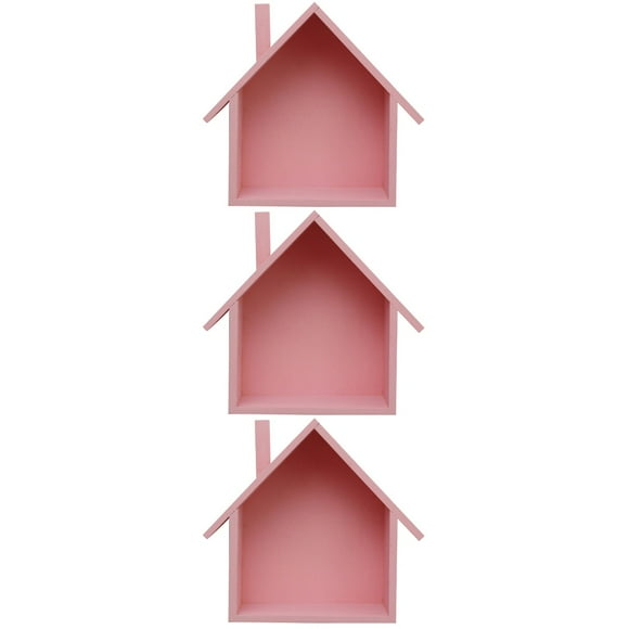 Raindrops 3pcs Small House Shaped Wall Shelf Wooden Wall Mounted Storage Shelf Rack Organizer Display Box for Bedroom Living Room Kitchen Office (Pink)