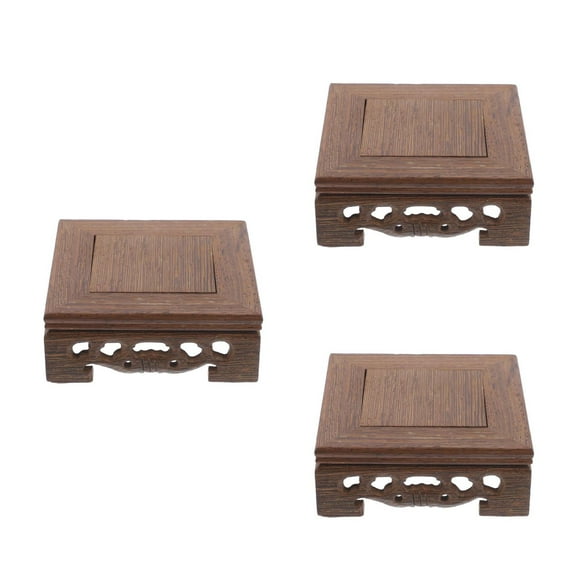 Raindrops 3pcs Wood Rectangular Small Base Carved Wooden Vase Flower Pot Buddha Ornament Display Stand Wooden Rectangular Carved Display Stand