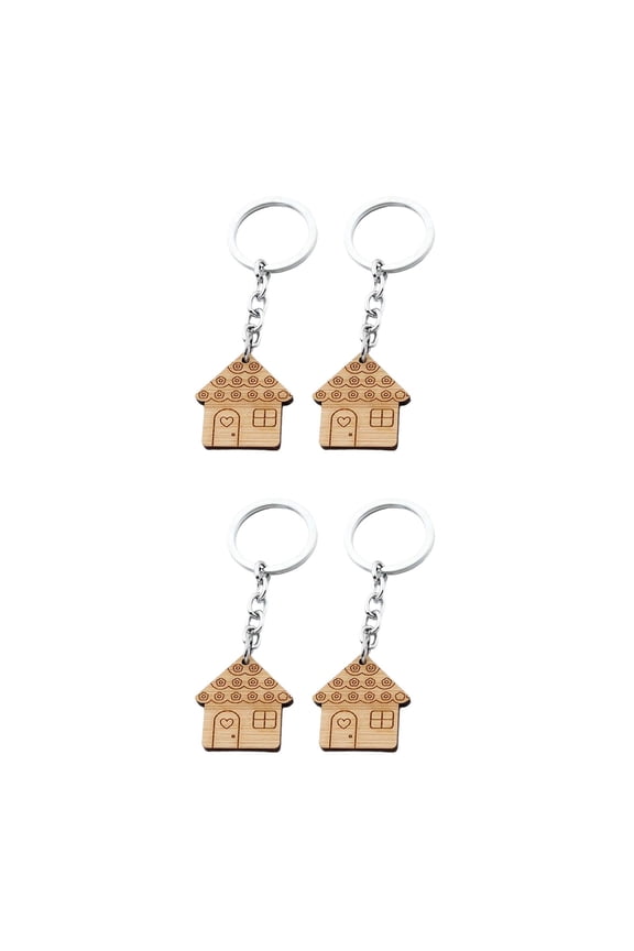 4-Piece Wooden House Keychain Set Cute Adorable Keyrings Backpack Charms Bag Hanging Accessories