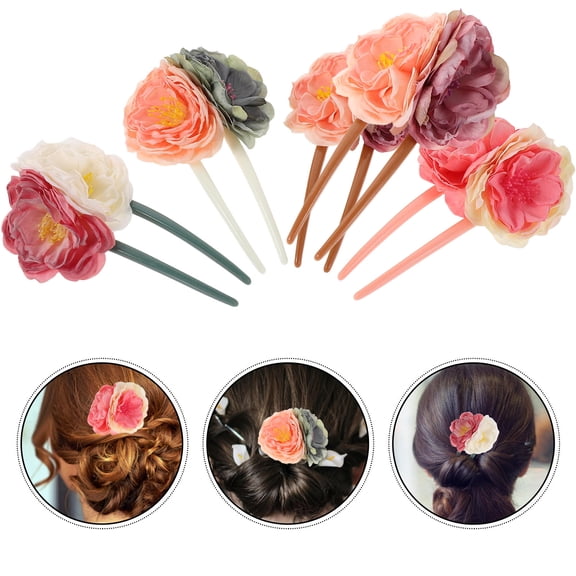 Raindrops 4Pcs Handmade Chinese Fabric Hair Pins Floral U Shaped Hair Forks for Updo