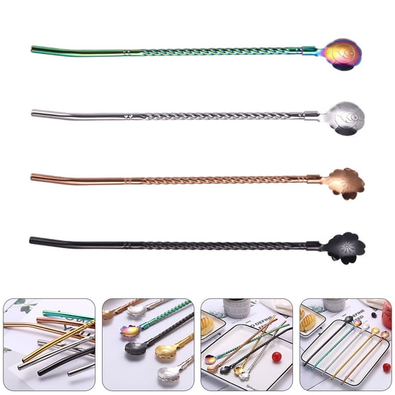 Raindrops 4Pcs Stainless Steel Drinking Straw Spoon Corrosion Resistant for Cafe Use