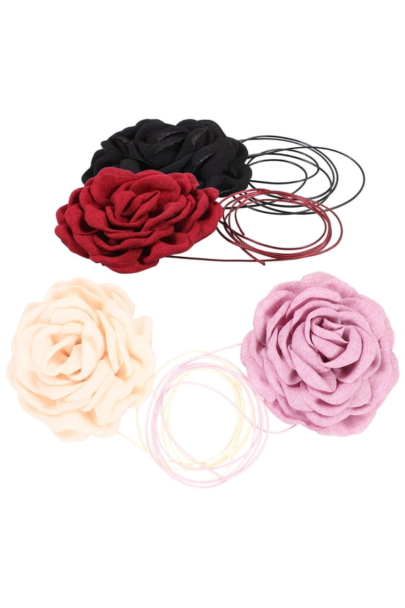 4-Piece Rose Flower Statement Necklace Set Adjustable Fabric Length Womens Jewelry Accessories