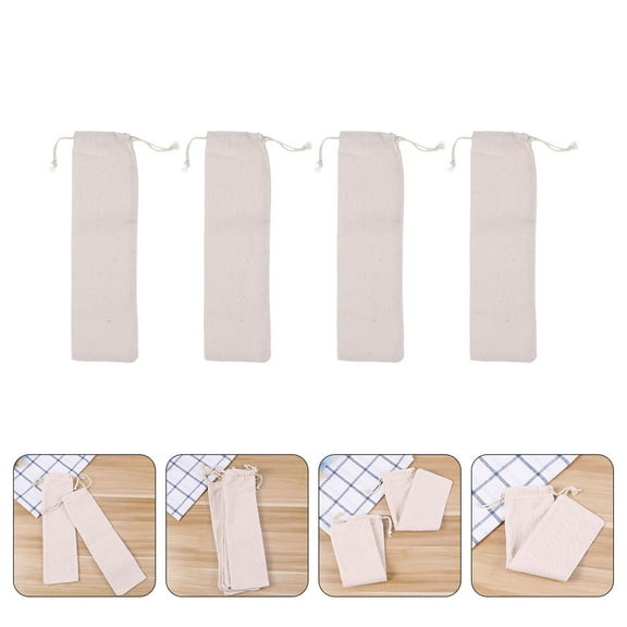FOMIYES 4Pcs Foldable Linen Drawstring Bags for Stainless Steel Straw Storage Lightweight Beige