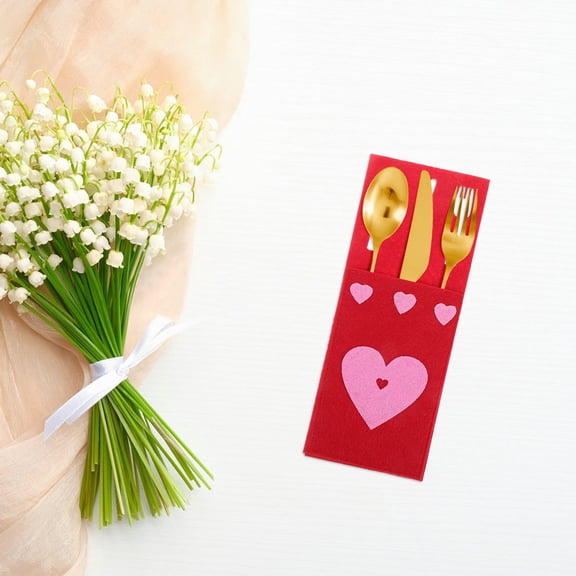 Raindrops 4Pcs Valentine's Day Cutlery Bag Heart Shape Fork Cutter Bag for Romantic Dinner Table Setting and Wedding Silverware Holder