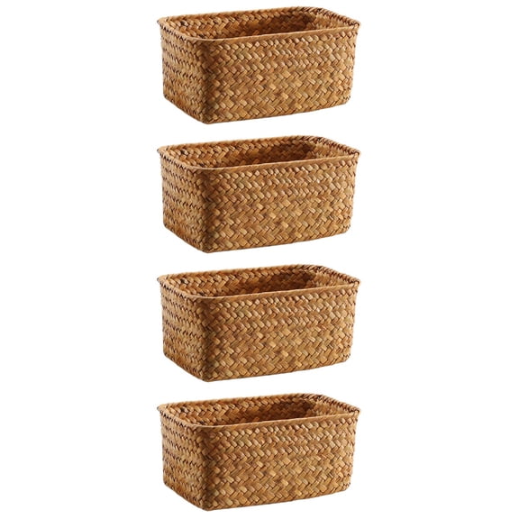 Raindrops 4pcs Seagrass Storage Basket Hand Woven Desktop Basket Rectangular Organizer Box