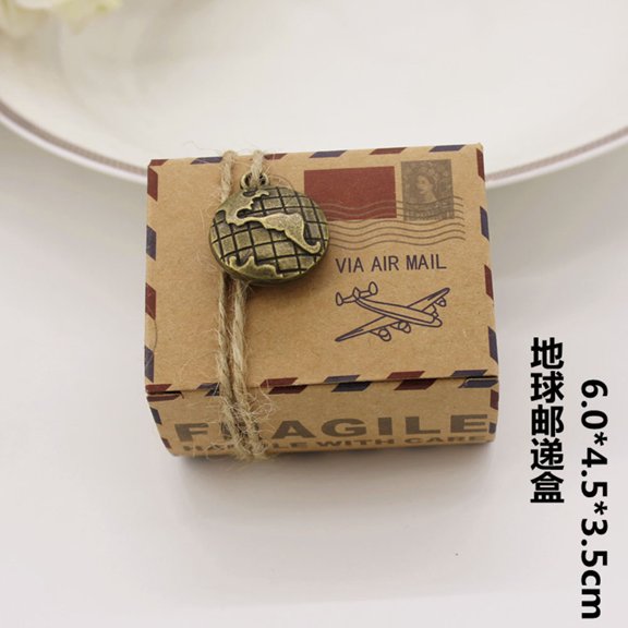 Raindrops 50Pcs Vintage Airmail Design Kraft Paper Wedding Favor Boxes with Globe and Hemp Rope for Holding