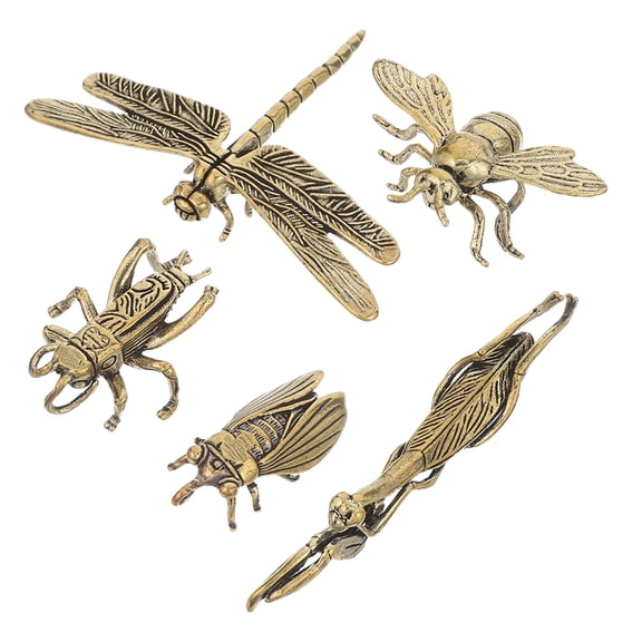 Raindrops 5Pcs Brown Brass Dragonfly Sculpture Antique Style Metal Insect Figures for Home Display
