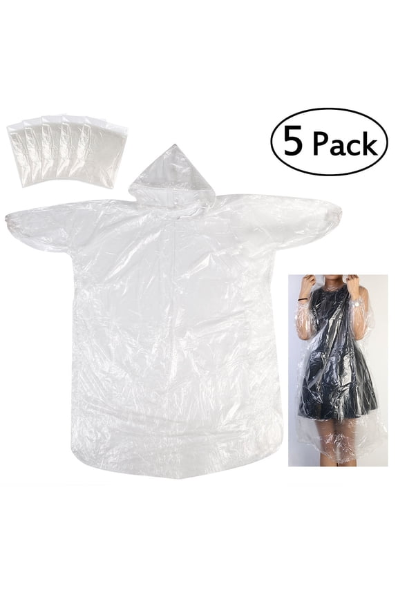 5-Pack Clear Raincoats with Hood for Men and Women, One Size Fits All, Lightweight and