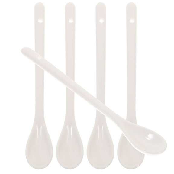 Raindrops 5pcs Large Soup Spoon Ceramic Long Handle Coffee Scoop Kitchen Ladles for Eating Soup Porridge (White)