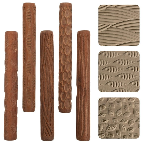 Raindrops 5pcs Wooden Handle Pottery Tools Clay Modeling Pattern Rollers Kit (Coffee)