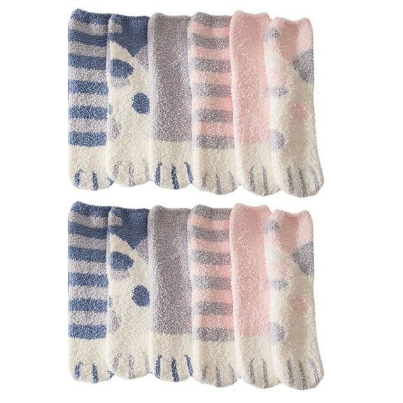 Raindrops 6 Pairs Cat Fuzzy Coral Socks: Warm Microfiber Home Floor Socks