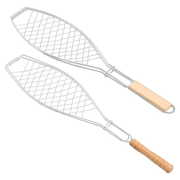 Raindrops 6-Piece Iron Grill Basket Set for Outdoor Fish BBQ with Wooden Handles, Includes Thick and Thin Fish Net Racks, 1 Piece Each