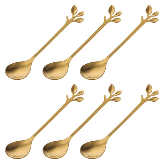 Raindrops 6Pcs Golden Leaf Shape Spoons Stainless Steel Dessert Coffee Spoons