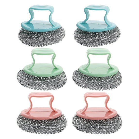 Raindrops 6-Pack Heavy Duty Stainless Steel Pot Scrubbers with Ergonomic Handle, Detachable Dish Brushes for Kitchen Cleaning Pots & Pans