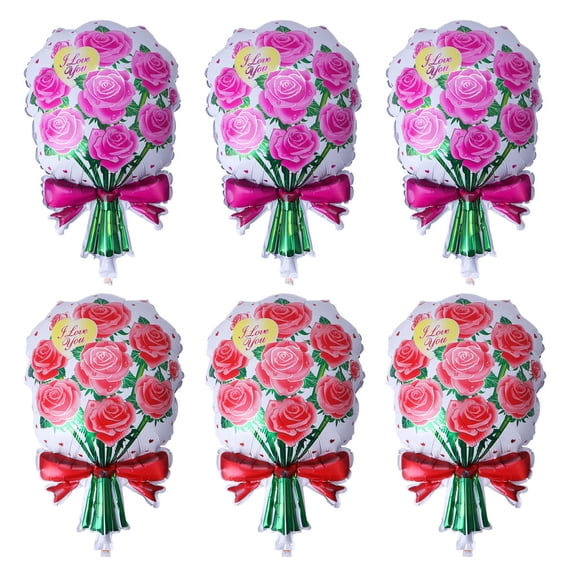 Raindrops 6pcs Rose Bouquet Design Balloons Creative Rose Printing Aluminum Foil Balloon Valentine's Day Photo Props Party Supplies Decorations(3pcs Pink and 3pcs Red)