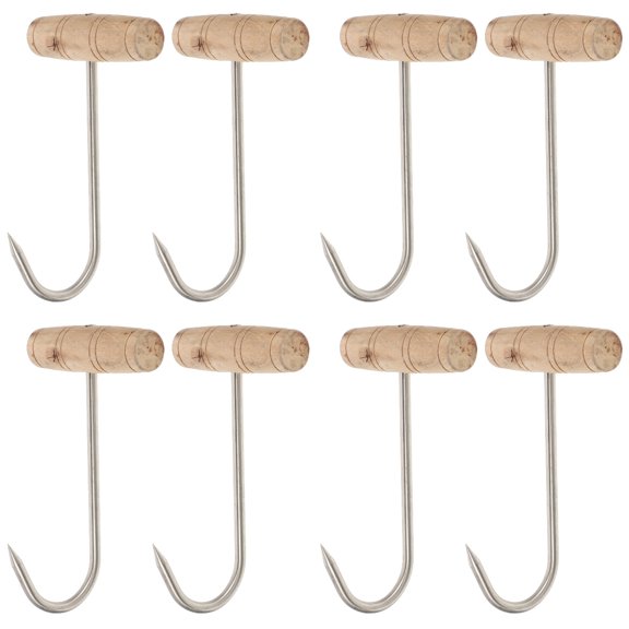 Raindrops 8 pcs  Stainless Steel Meat Hook Wood Handle T Shaped Hanging Hook Bacon Meat Hook