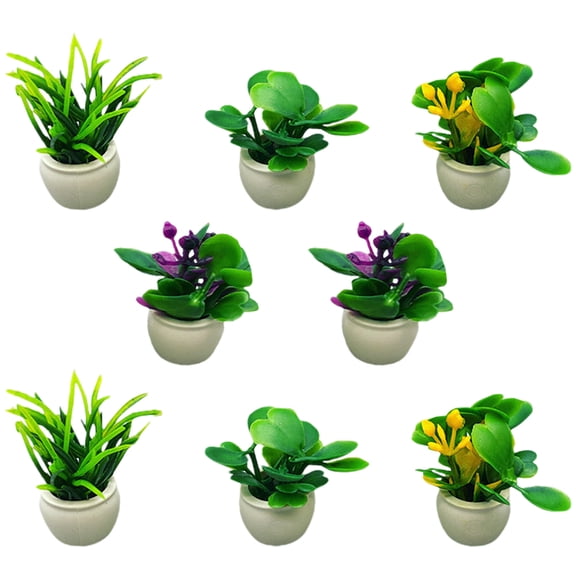 Raindrops 8-Piece Miniature Potted Plants Set for Dollhouse Decor, Plastic Tiny Indoor House Ornaments Display