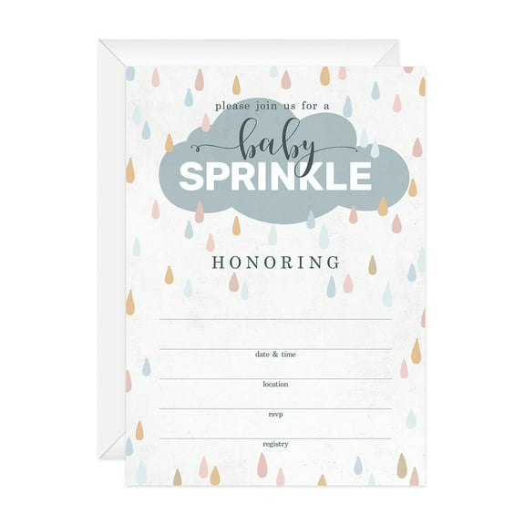 Raindrops Baby Sprinkle Invitations / 25 Fill In Baby Shower Cloud Invites / 5" x 7" Flat Modern Rainbow Baby Shower Party Invitation / Made In The USA