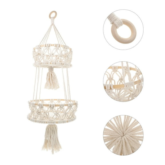 Raindrops Beige Cotton and Bamboo 3 Tier Hanging Fruit Basket for Home Decorative