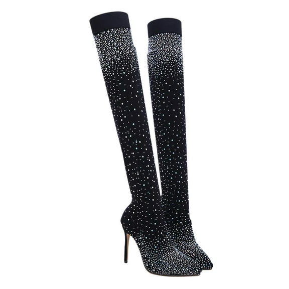 FOMIYES Women's Black Thigh High Boots with Rhinestone Accents, Stylish Design and Soft Comfortable Material