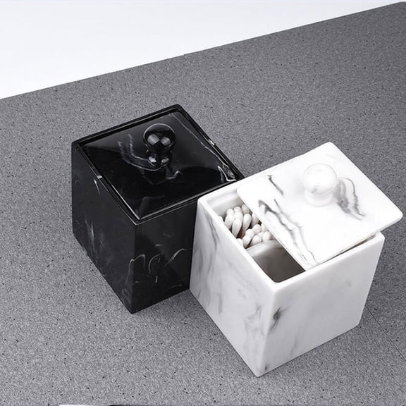 FOMIYES 1Pc Swab Organizer Black Marble Resin Storage Box with Lid for Cotton Swabs