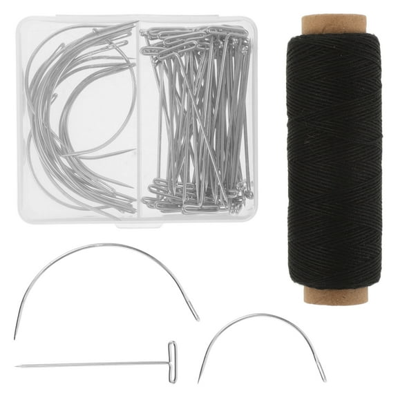 Raindrops Black Wig Making Needles Set with Stainless Steel T & C Curved Needles 260 Yard Thread for Wig Use 71pcs