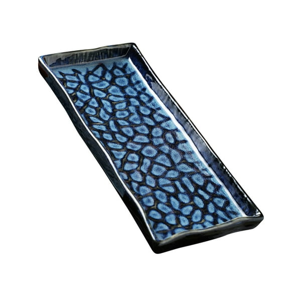 Raindrops Blue Ceramic Sushi Plate for Food Use Embossed Fish 5 Inches Rectangular