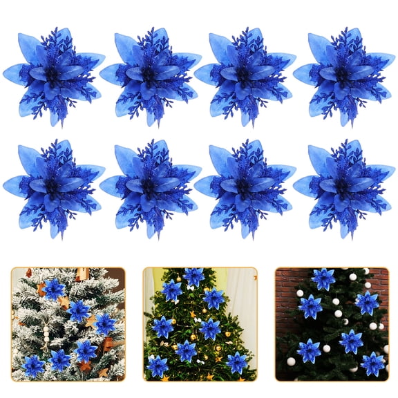 Raindrops Blue Glitter Artificial Flowers for Christmas Tree Decoration with Cloth Material 12 Pcs