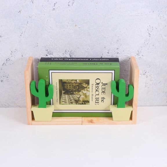 USHOBE Creative Cactus Shaped Bookends Pine Wood Book Organizer for Office and Library