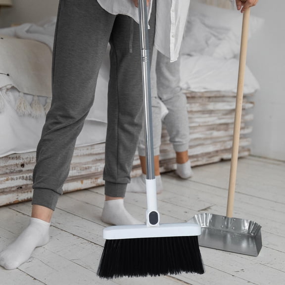 Raindrops Broom With Dustpan Set White Foldable Dustpan 36.7 Inch Stainless Steel Broomstick Non-stick Bristles Standing Dust Pan With Comb Teeth For Home Essentials Daily Cleaning