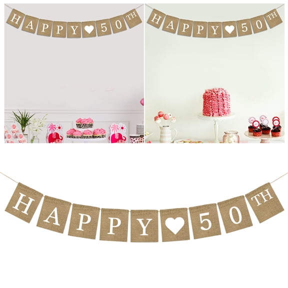 Raindrops Khaki Birthday Party Burlap Banner with Happy 50Th Message for Celebration