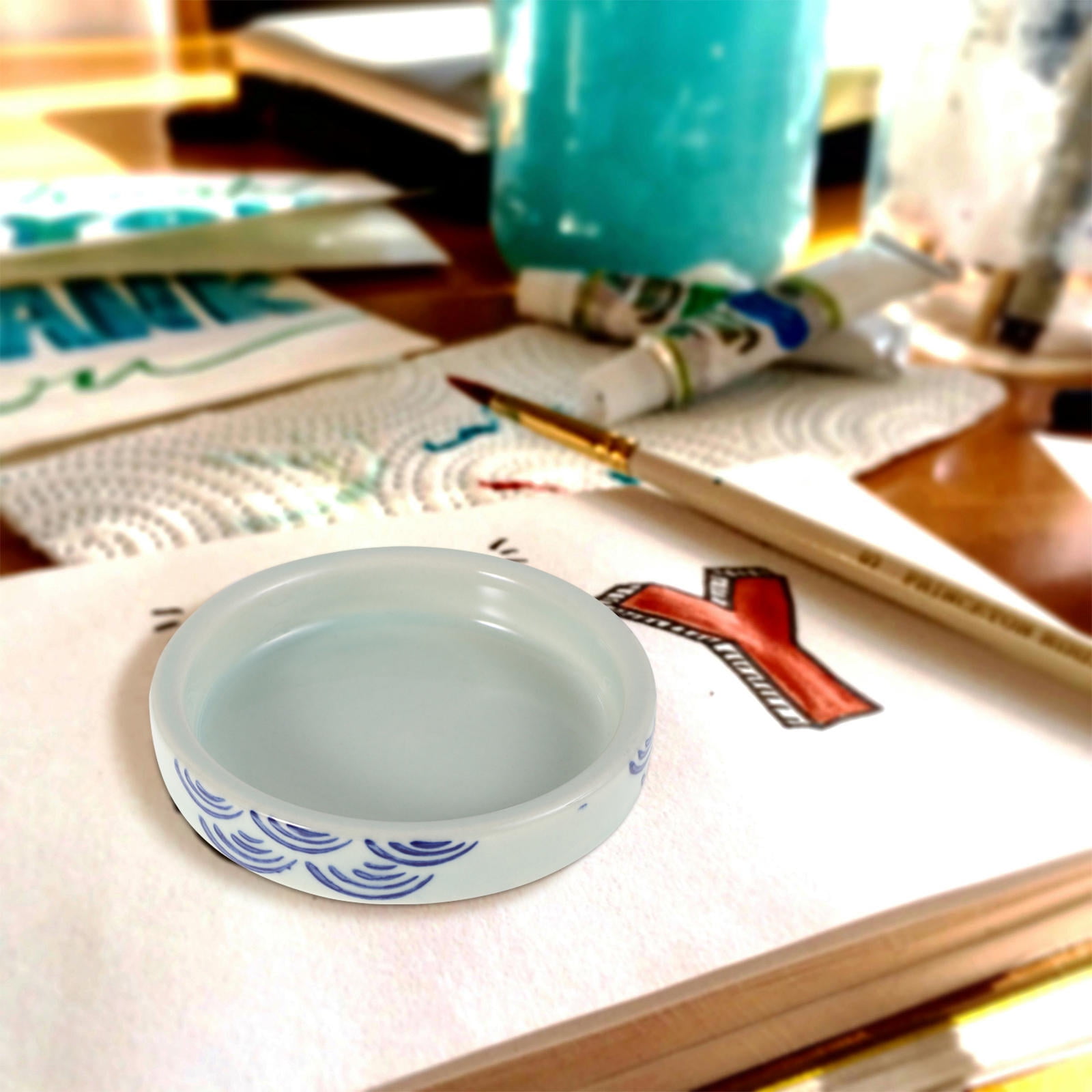 Raindrops 5-Layer Ceramic Ink Mixing Palette Set with Lid, Round Porcelain Watercolor Trays for Paint Mixing and Art Supplies