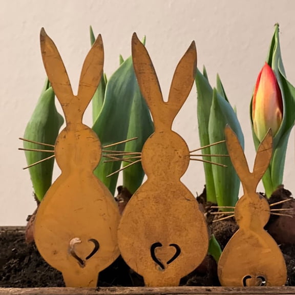 Raindrops Chic Bunny Garden Stake Decorative Iron Rabbit Sign for Outdoor Use Light Brown 3 Pieces