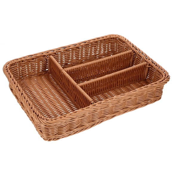 Raindrops Chocolate Imitation Rattan Woven Cutlery Storage Basket with 4 Deeper Compartments for Kitchen Use 12.5x8.5x4.5 inches