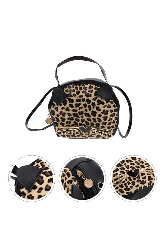 Creative Small Round PU Tote Handbag Casual Shoulder Bag with Leopard Grain Cartoon Cat Ears Coin Purse for Girls Ladies 1 Set Brown