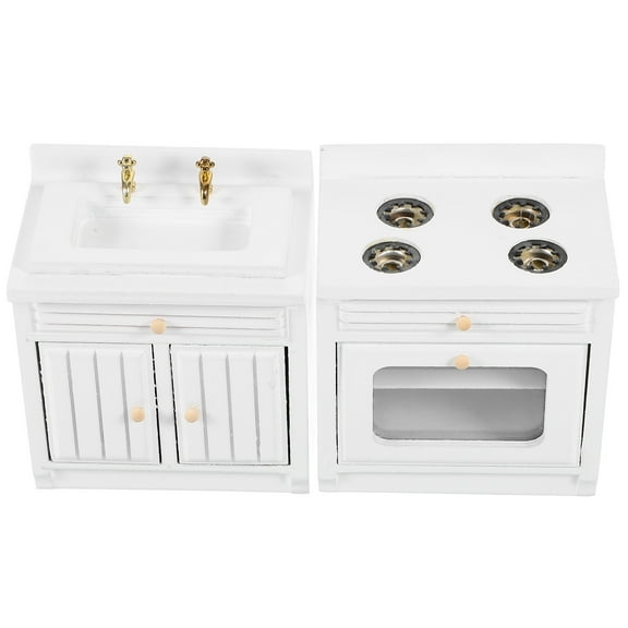 Raindrops Dollhouse Kitchen Set with Stove and Sink Miniature Dolls House Cabinet Countertop White Range Cooker Furniture Decor 1 Set