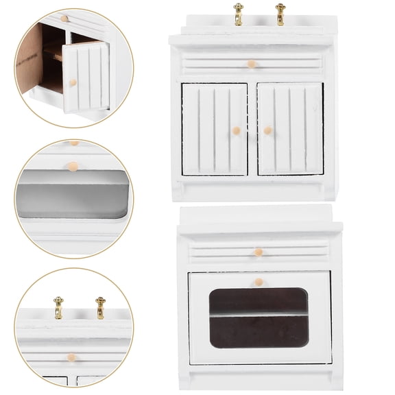 Raindrops Dollhouse Kitchen Set with Stove and Sink Miniature Dolls House Cabinet Countertop White Range Cooker Furniture Decor 1 Set