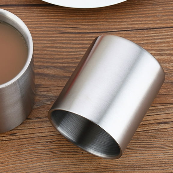 Stainless Steel Coffee Mug 260ml - Double Walled Travel Camping Tea Cup, Silver Brushed Finish, Portable Handle-Free for Home Office