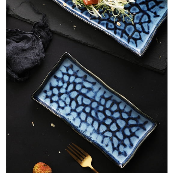 Raindrops Embossed Ceramic Sushi Plate Exquisite Fish Fruit Dish Pasta Tray Food Serving Plate Snack Plate for Home Restaurant Hotel (9.5 Inches Rectangular Plate)