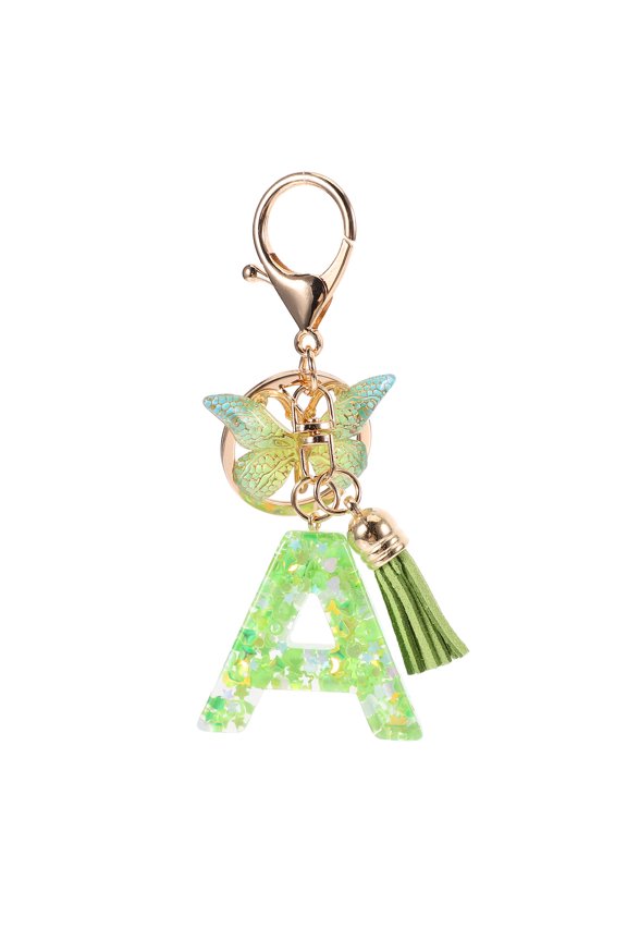 Epoxy Initial Keychain with Tassel and Butterfly Charm Cute Backpack Car Key Accessories (A)