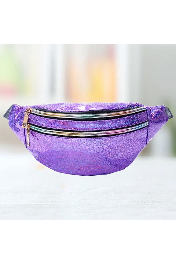 Fanny Pack Women Reflective Sequin Pu Leather Crossbody Bag for Outdoor Travel Pearl Purple 1Set