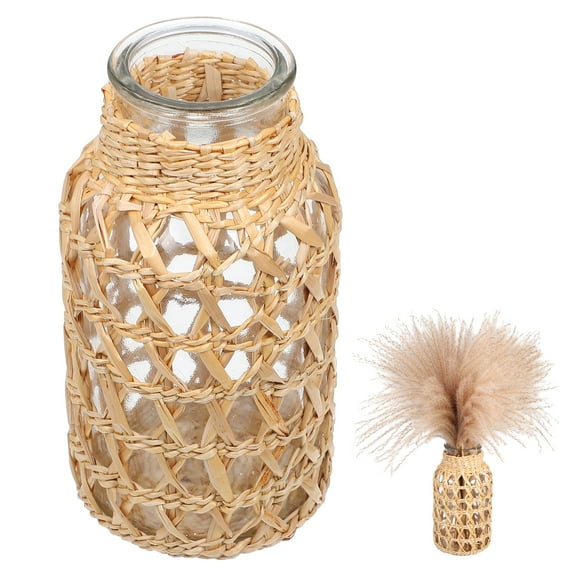 Raindrops Glass and Rattan Vase, Decorative Plant Holder, Flower Container, 16x8.2x8.2 cm, Stylish Home and Garden Decor