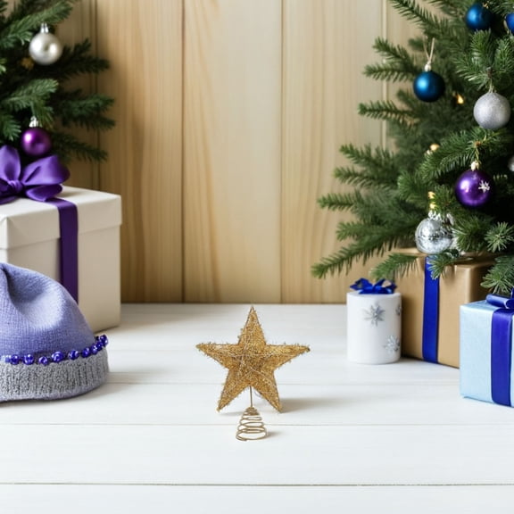 Raindrops Metallic Golden Star Tree Topper, Five-Pointed with LED Lights for Xmas