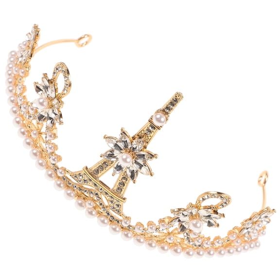 FOMIYES Eiffel Tower Golden Crown with Pearls Vintage Style Wedding and Party Accessory