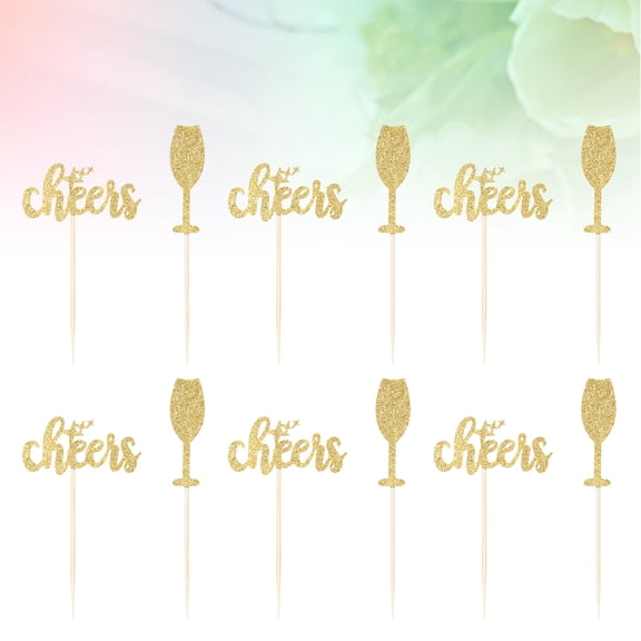 Raindrops Golden Paper Cake Toppers with Glitter Design for Cake Decoration 12pcs Cheers Printing and 12pcs