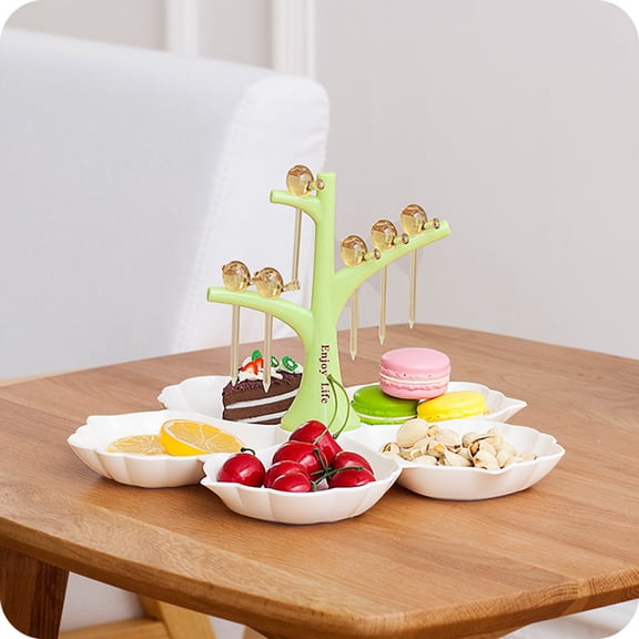Raindrops Green Plastic Fruit Plate with Treeshaped Decoration and Picks for Serving Snacks 9.84 x 7.87 inches