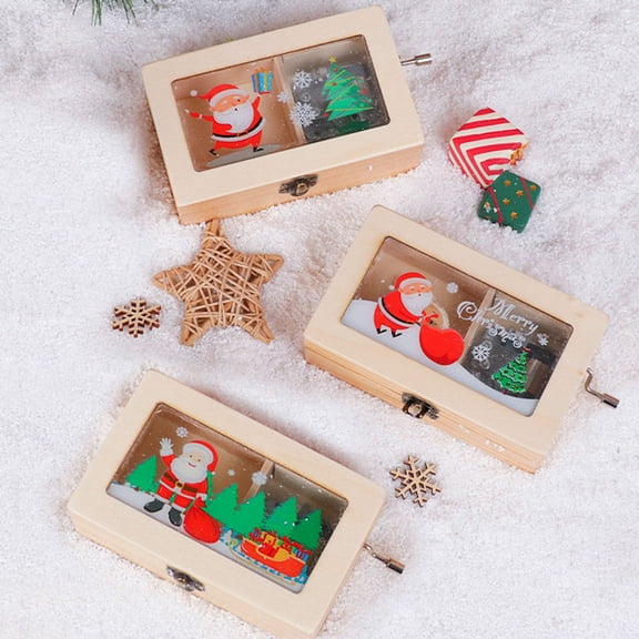 Raindrops Hand Cranked Melody Box with Christmas Theme for Decor Use Khaki Metal 3.5x2.8 Inches