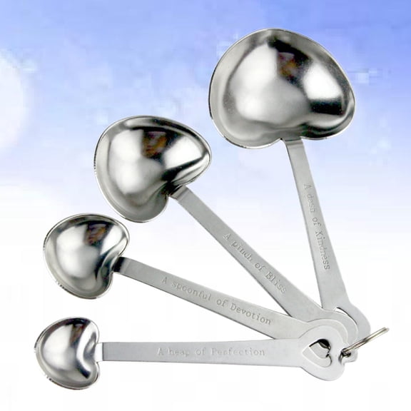 Raindrops Heart Shaped Measuring Spoons 4Pcs Set Space Saving Kitchen Tool for Cooking and Baking in Silver Tone